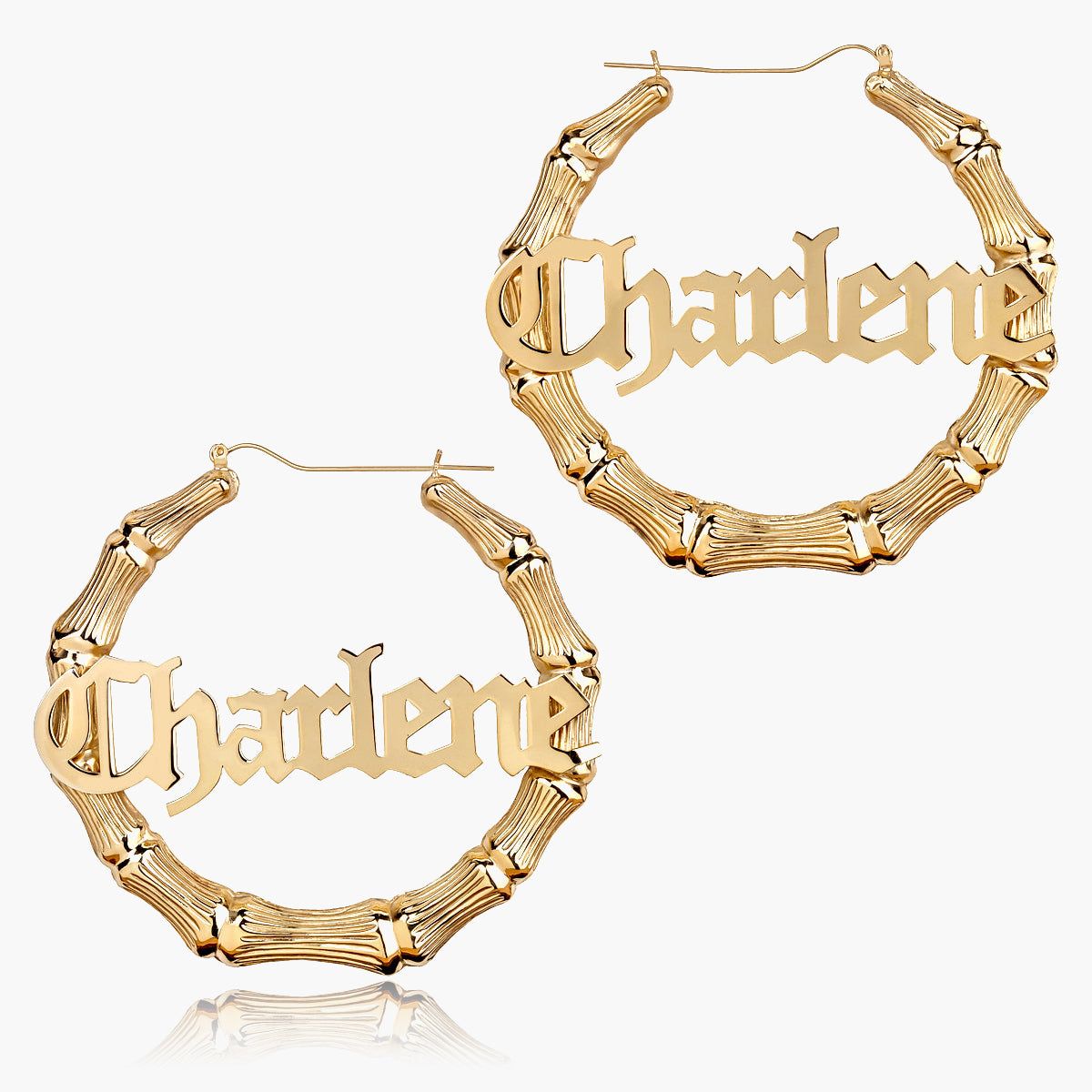Custom Gothic Bamboo Hoop Name Earrings - 14K Gold Over Silver / 2 Inches