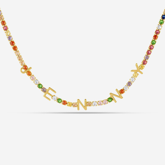 Spaced Out Name Necklace with Rainbow Tennis Chain