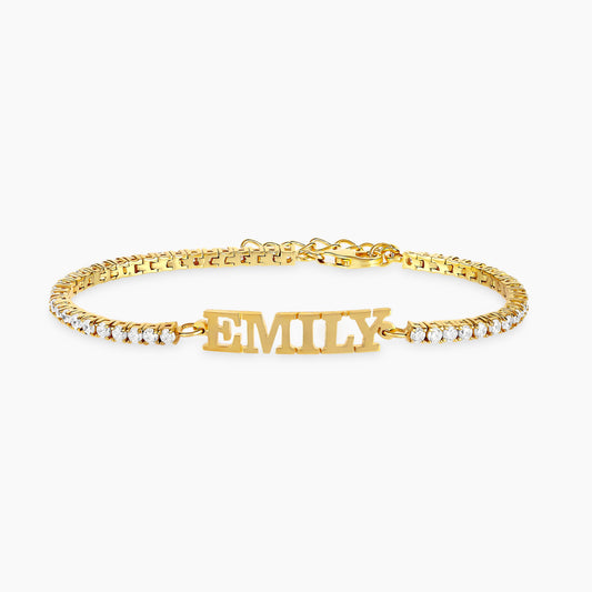 Block Name Bracelet w/ White Sapphire Tennis Chain