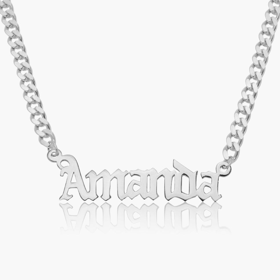 Kid's Gothic Name Necklace w/ Cuban Chain
