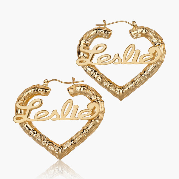 Hammered Script Name with Triple Heart Ribbon Accent Bamboo Hoop Earrings in 14K Gold Over Silver (1 Line